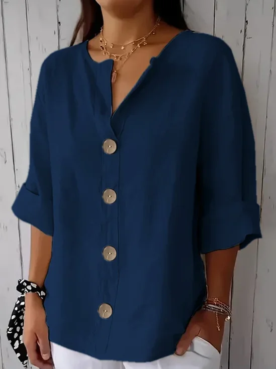 Blouses Femmes Simple Plain Printemps / Automne Coton Ample Manches trois quarts Col Châle Régulier Régulier