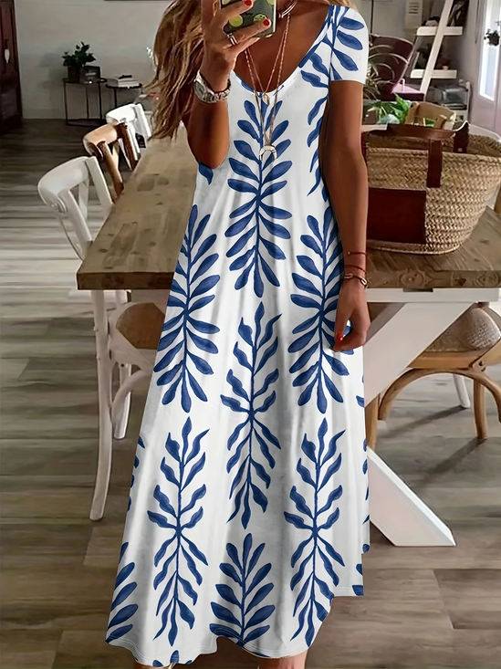 Femmes Floral Blanc Col V Confortable Imprimé Robe Maxi Décontracté
