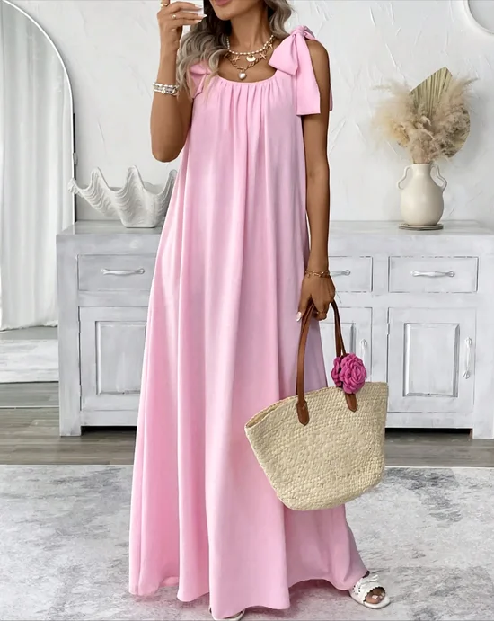 Femmes Plain Rose Col Carré Confortable Robe Maxi Décontracté