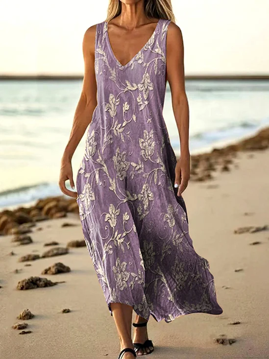 Femmes Floral Violet Clair Col V Confortable Robe Maxi Décontracté