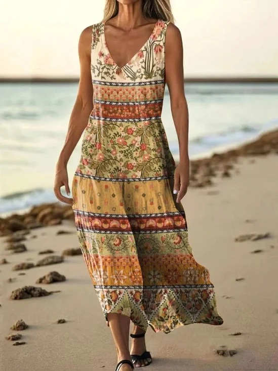 Femmes Floral Brun Col V Confortable Robe Maxi Décontracté