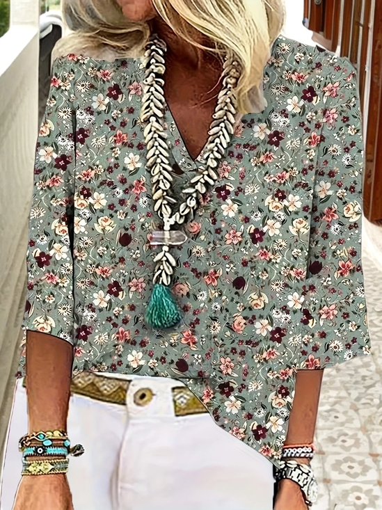 Blouses Décontracté Floral Printemps / Automne Aucune élasticité Ample Manches trois quarts Droit Régulier Non pour Femmes