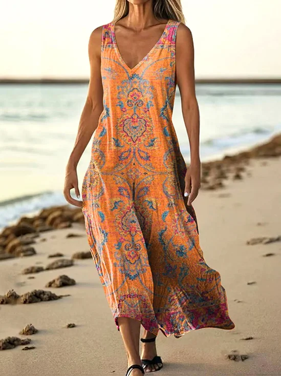 Femmes Floral Jaune Col V Confortable Robe Maxi Décontracté