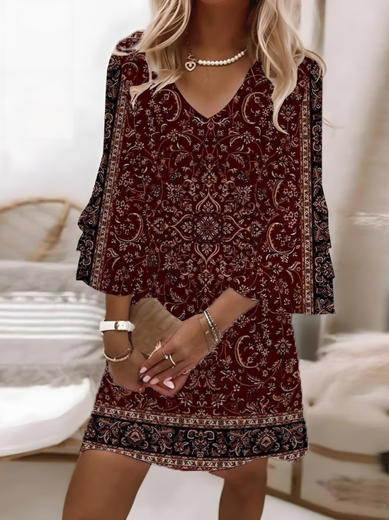 Femmes Floral Cramoisi Col V Confortable Imprimé Robe Maxi Décontracté