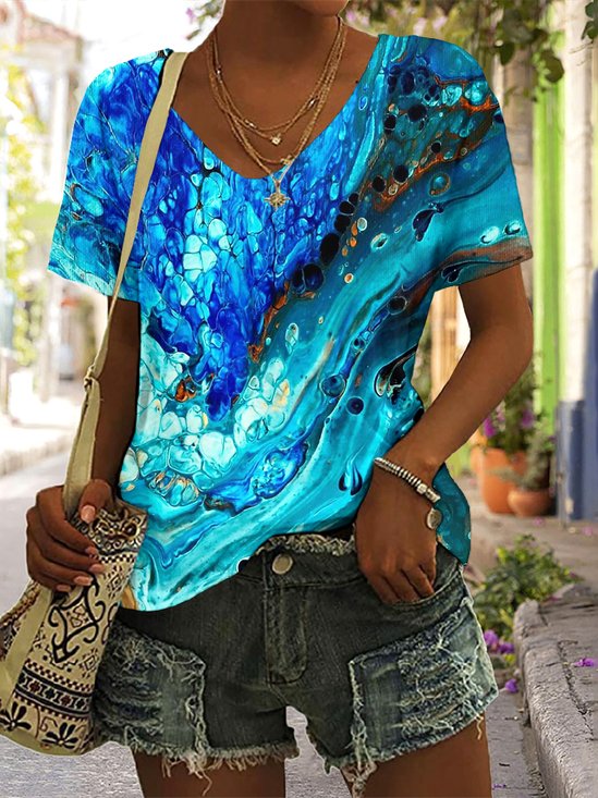 T-shirts Rétro La peinture Été Polyester Micro-élasticité Coupe Régulière Manches Courtes Trapèze Régulier pour Femmes