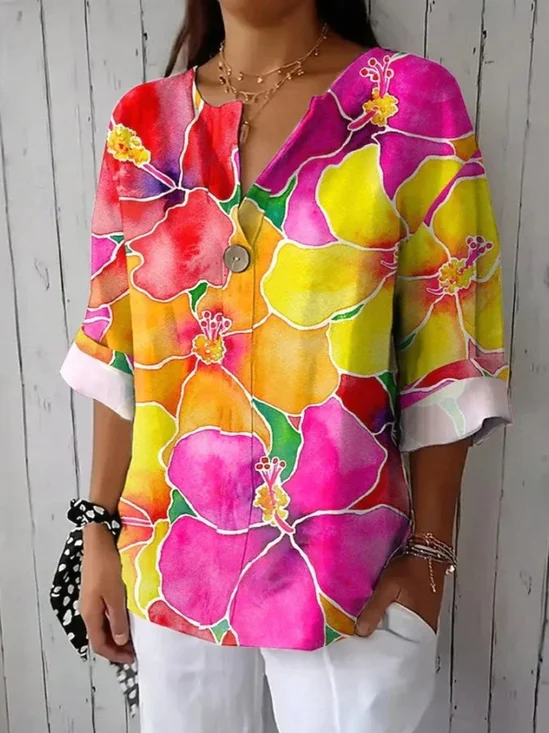 Blouses Femmes Élégant Floral Printemps / Automne Aucune élasticité Manches trois quarts Col Châle Régulier Droit Régulier