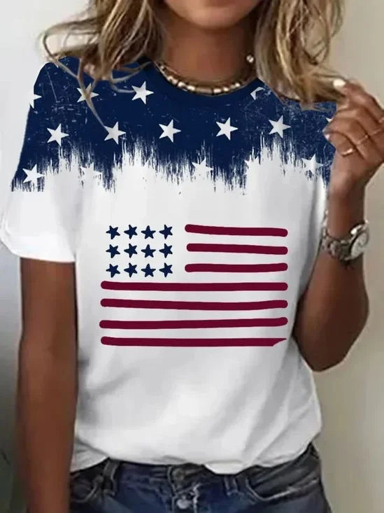 T-shirts Décontracté Été Le jour de l'indépendance (Drapeau) Imprimé Micro-élasticité Quotidien Col Rond Droit Régulier pour Femmes