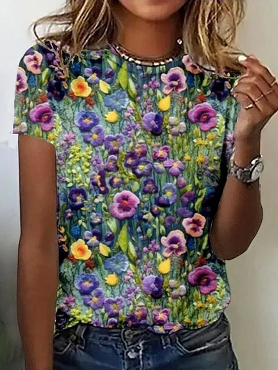 T-shirts Femmes Décontracté Floral Été Ample Jersey Manches Courtes Col Rond Droit Régulier