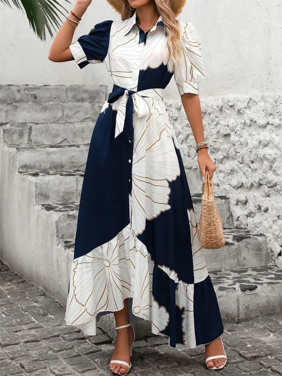 Femmes Géométrique Bleu Marine Col V Confortable Imprimé Robe Maxi Décontracté