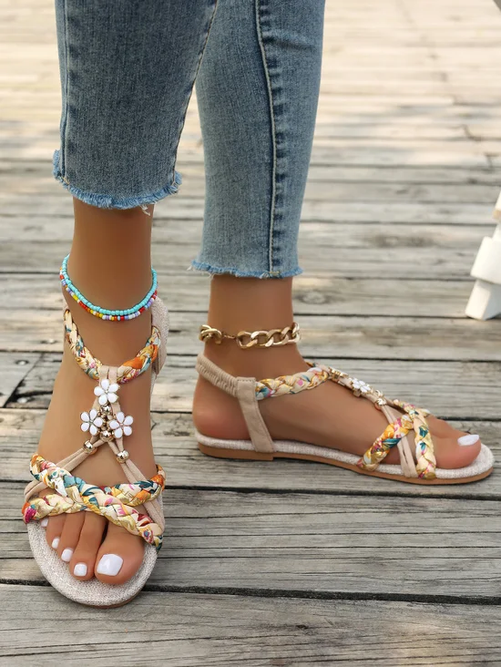 Sandales Espadrilles Femmes Boho Floral Été Polyester Vacances Toit ouvert Sandales Espadrilles Matériel de tissage à Enfiler