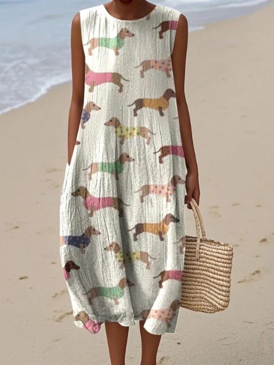 Femmes La peinture Abricot Col Rond Confortable Robe Maxi Décontracté