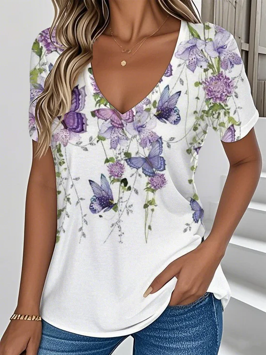 T-shirts Décontracté Floral Été Aucune élasticité Vacances Jersey Manches Courtes Régulier T.-N.-L. pour Femmes