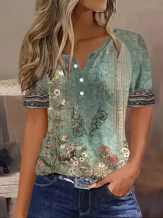 T-shirts Femmes Décontracté Floral Été Polyester Imprimé Quotidien Manches Courtes Col Rond Droit