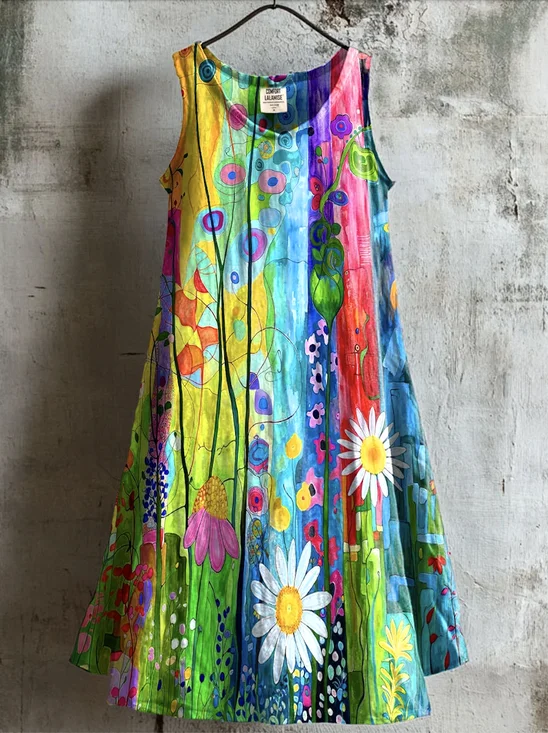 Femmes Floral Vert Col Rond Confortable Robe Mi-Longue Décontracté