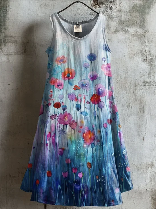 Femmes Floral Bleu Col Rond Confortable Robe Mi-Longue Décontracté