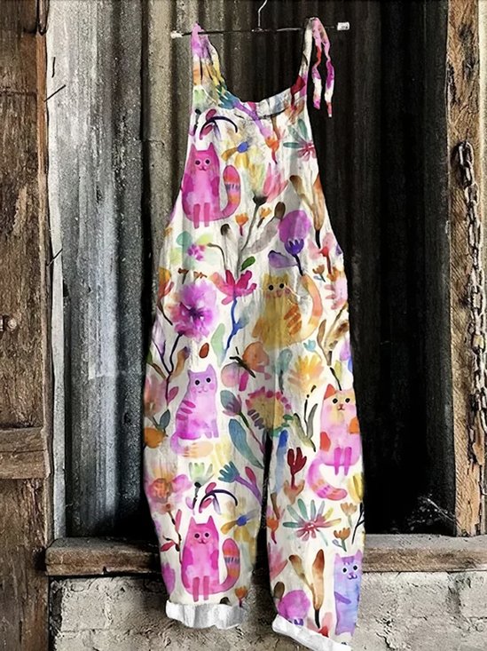 Combinaisons Femmes Décontracté Floral Été en Lin Naturel Micro-élasticité Coupe Régulière Sans Manches Long