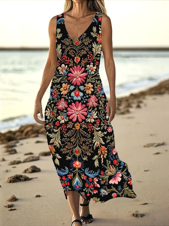 Femmes Floral Noir Col V Confortable Robe Maxi Décontracté