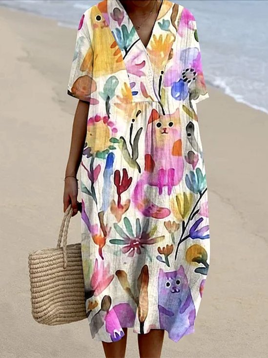 Femmes Floral Blanc Col V Confortable Robe Maxi Décontracté
