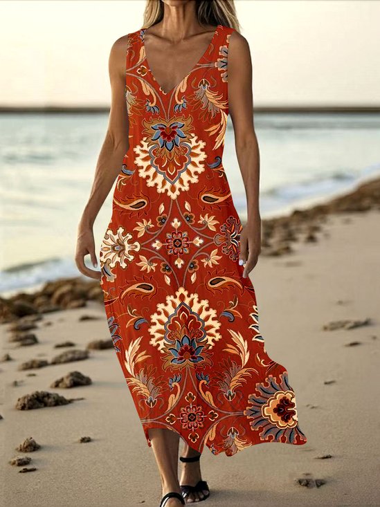 Femmes Floral Rouge Col V Confortable Robe Maxi Décontracté