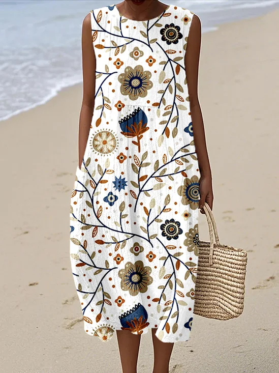 Femmes Floral Blanc Col Rond Confortable Robe Maxi Décontracté