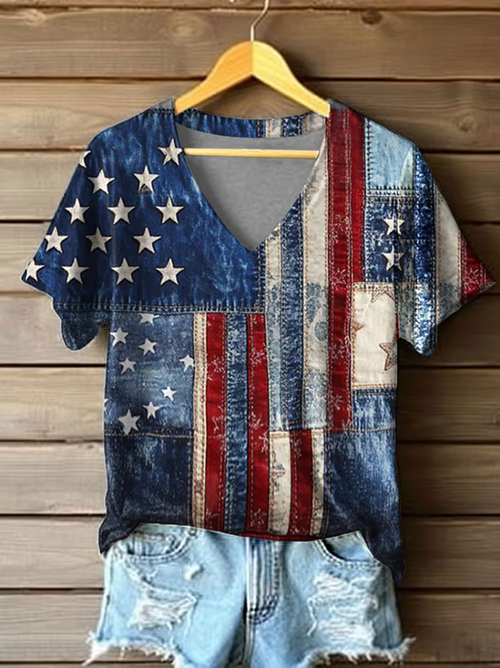 T-shirts Décontracté Été Le jour de l'indépendance (Drapeau) Polyester Col V Micro-élasticité Coupe Régulière Manches Courtes Régulier pour Femmes