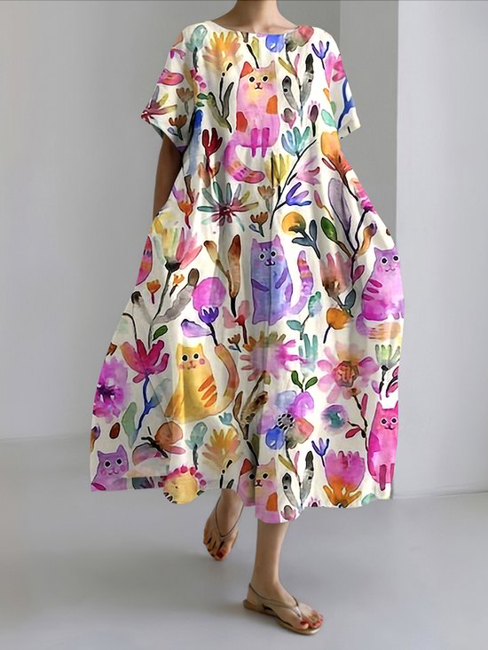 Femmes Floral Blanc Col Rond Confortable Robe Maxi Décontracté