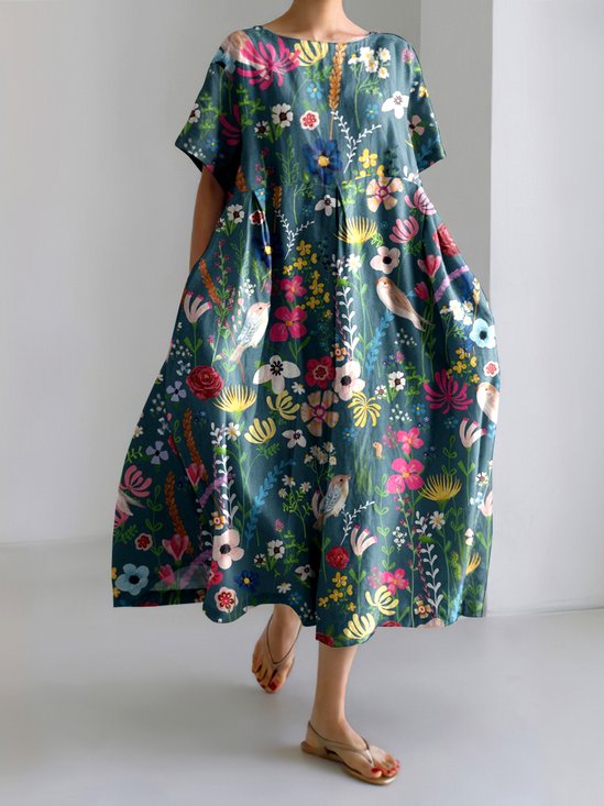 Femmes Floral Bleu Col Rond Confortable Robe Maxi Décontracté
