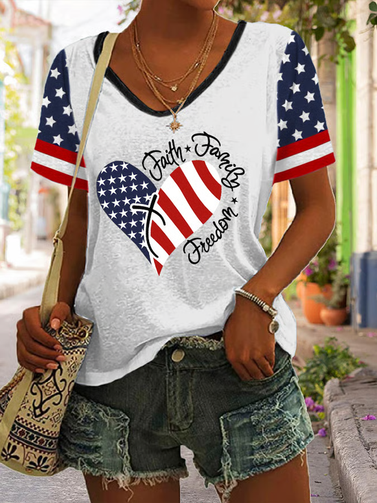 T-shirts Décontracté Été Le jour de l'indépendance (Drapeau) Polyester Col V Quotidien Coupe Régulière Droit Régulier pour Femmes
