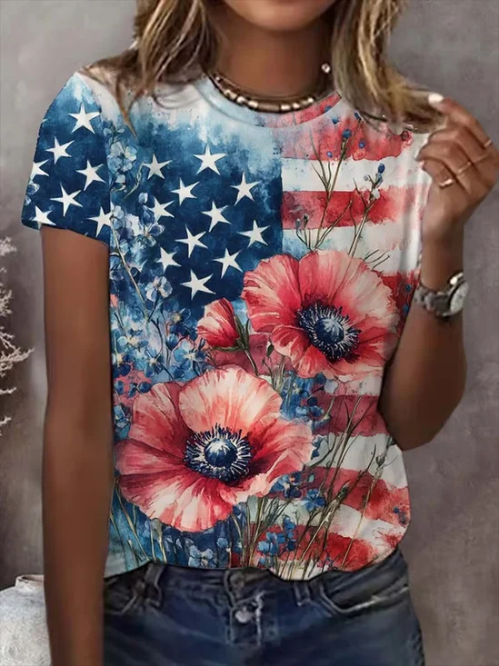 T-shirts Décontracté Floral Été Micro-élasticité Coupe Régulière Manches Courtes Col Rond Droit Régulier pour Femmes