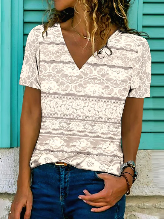 T-shirts Femmes Décontracté Floral Été Coton Col V Micro-élasticité Quotidien Manches Courtes Trapèze