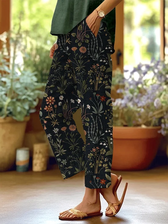 Pantalons Décontracté Floral Printemps / Automne en Lin Naturel Micro-élasticité Quotidien Trapèze Régulier pour Femmes