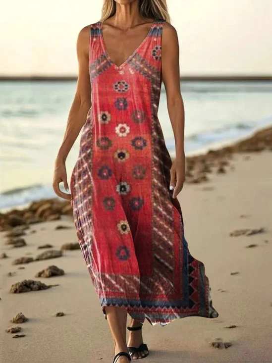 Femmes Floral Rouge Col V Confortable Robe Maxi Décontracté