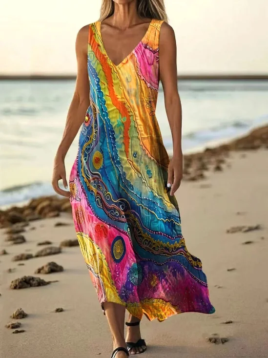 Femmes Multicolore Bloc Rouge Col V Confortable Robe Maxi Décontracté