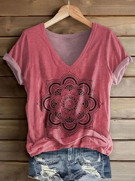 T-shirts Décontracté Été Ethnique Géométrie Polyester Col V Micro-élasticité Quotidien Coupe Régulière Manches Courtes pour Femmes