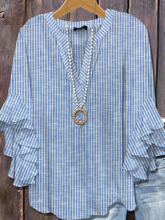 Blouses Femmes Rayé Simple Été Coton Col V Micro-élasticité Faire la navette Demi Manche Régulier