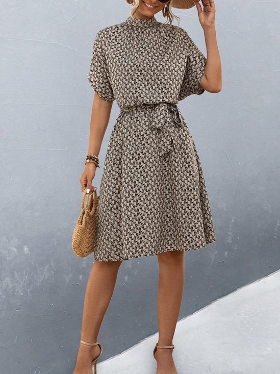 Femmes Géométrique Brun Col Rond Confortable Imprimé Robe Mi-Longue Rétro
