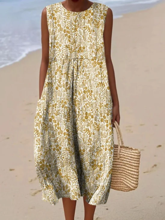 Femmes Floral Beige Col Rond Confortable Robe Maxi Décontracté