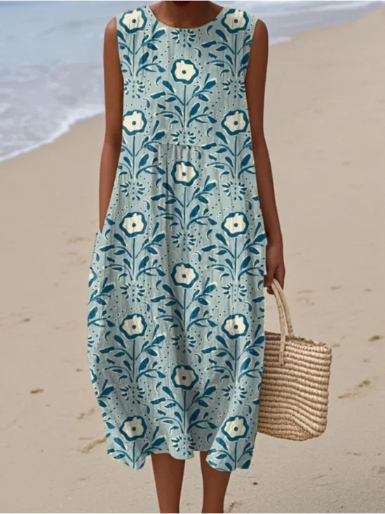 Femmes Floral Menthe Col Rond Confortable Robe Maxi Décontracté