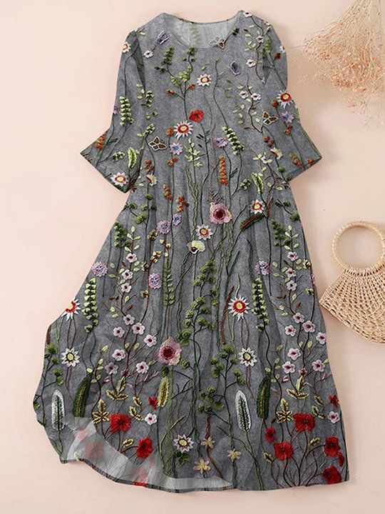 Femmes Floral Gris Col Rond Confortable Imprimé Robe Maxi Décontracté