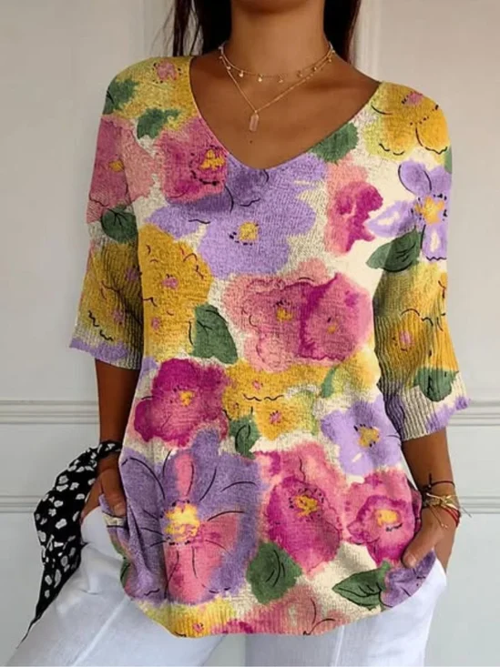 T-shirts Rétro Floral Printemps / Automne Micro-élasticité Vacances Coupe Régulière Manches Longues Régulier Droit pour Femmes