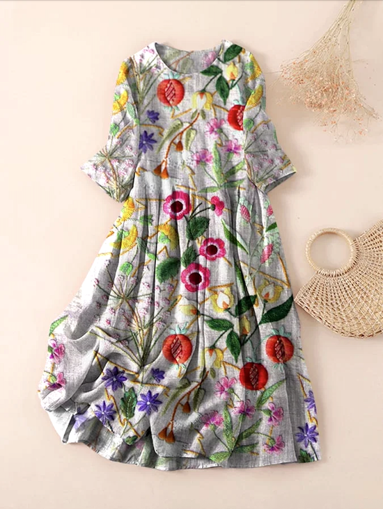 Femmes Floral Gris Clair Col Rond Confortable Robe Maxi Décontracté