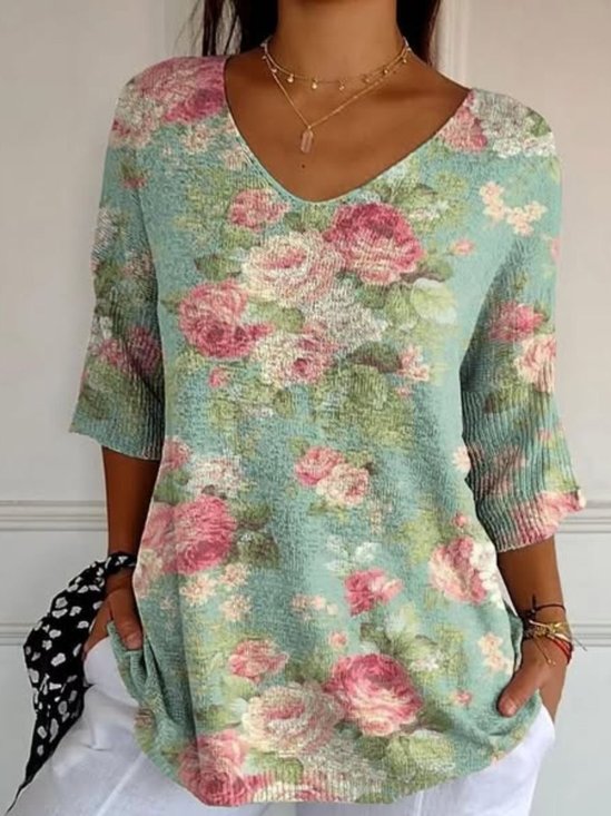 T-shirts Rétro La peinture Printemps / Automne Coton Micro-élasticité Quotidien Manches Longues Col Rond Droit pour Femmes