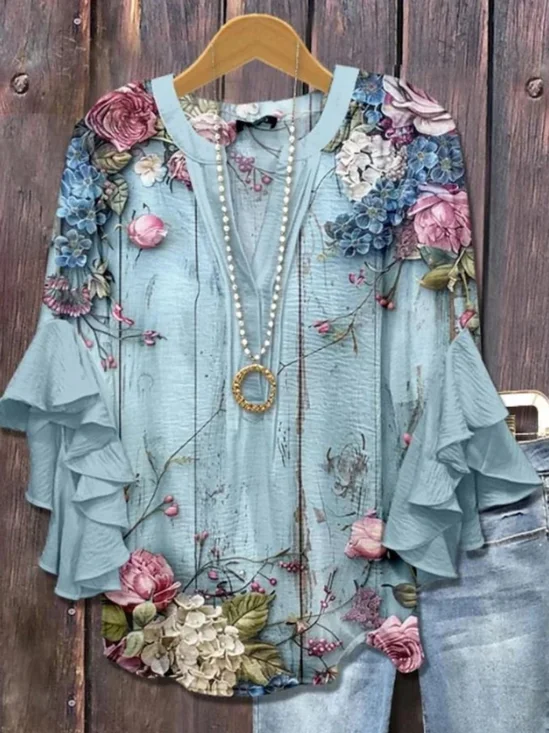 Blouses Femmes Simple Floral Été Micro-élasticité Faire la navette Demi Manche Régulier Trapèze Régulier