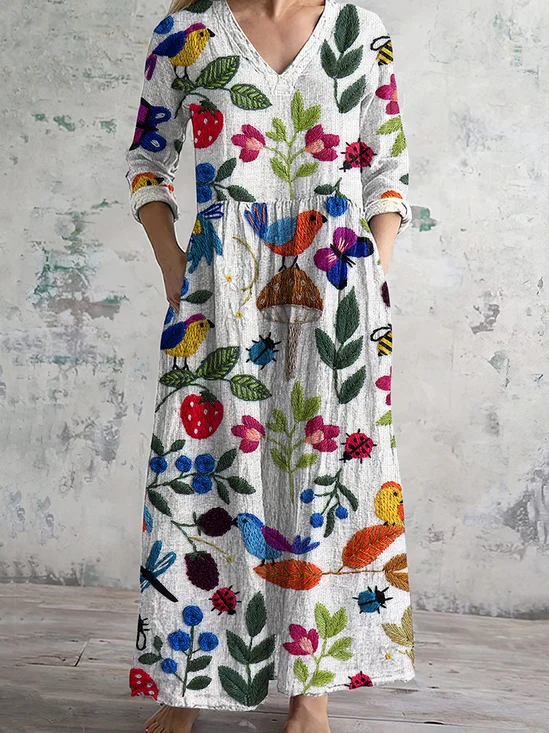 Femmes Floral Blanc Col Rond Confortable Robe Maxi Décontracté