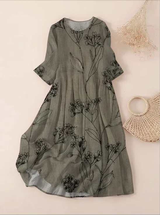 Femmes Floral Vert Col Rond Confortable Robe Maxi Décontracté
