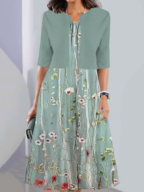 Femmes Floral Comme Image Col Rond Confortable Robe Mi-Longue Décontracté