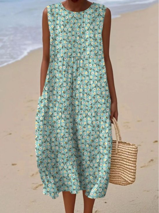 Femmes Floral Vert Col Rond Confortable Robe Maxi Décontracté