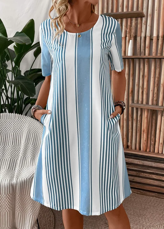 Femmes Rayé Comme Image Col Rond Confortable Robe Mi-Longue Décontracté