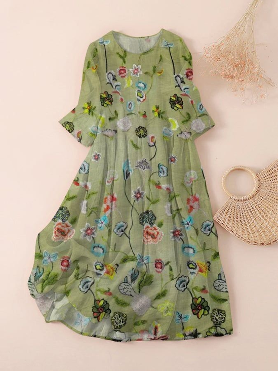 Femmes Floral Vert Col Rond Confortable Imprimé Robe Maxi Décontracté