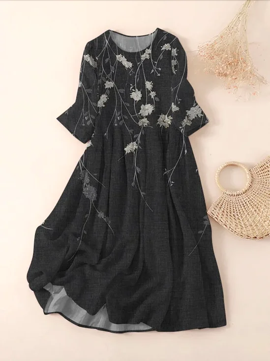 Femmes Floral Noir Col Rond Confortable Robe Maxi Décontracté